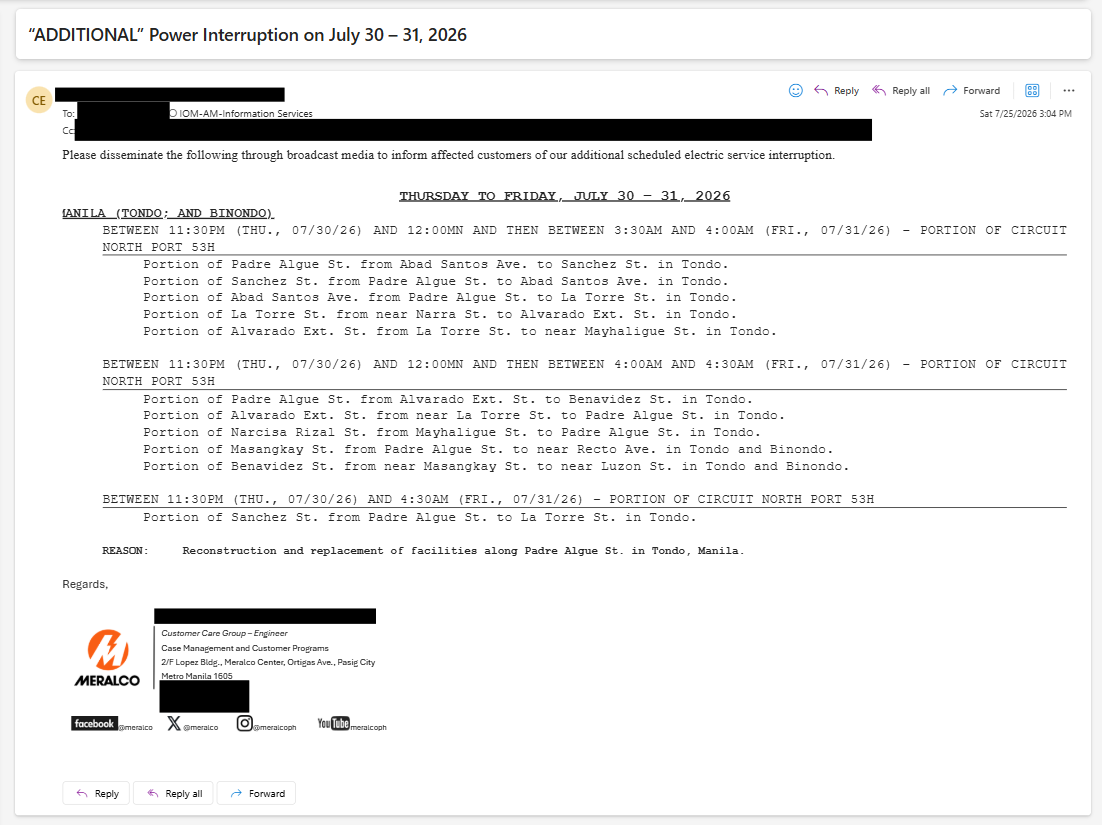 Sample Outlook maintenance advisory email from Meralco, with sender details redacted, showing the scheduled interruption windows and affected streets
