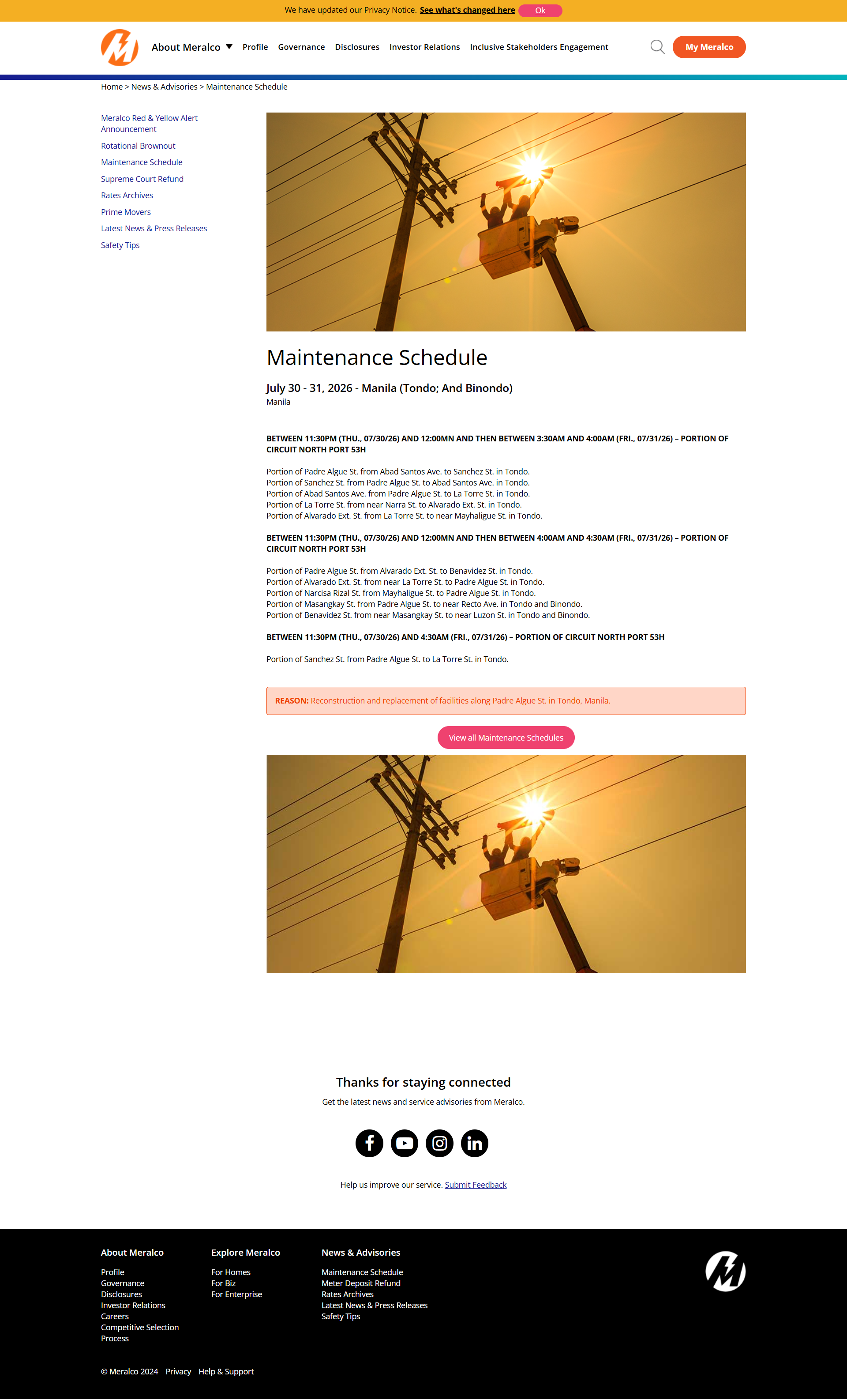 Published maintenance advisory live on the public Meralco website, showing the formatted title, maintenance windows, and reason exactly as UiPath generated them